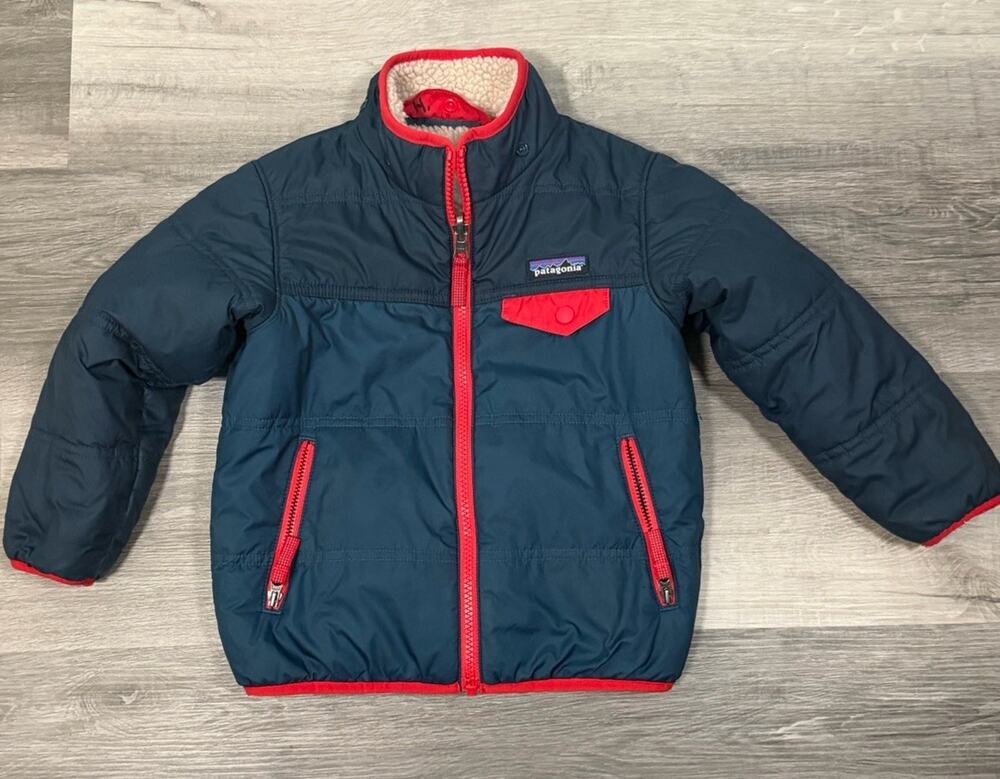 Patagonia Kids Reversible Fleece Jacket 4T Navy Red Sherpa Full Zip
